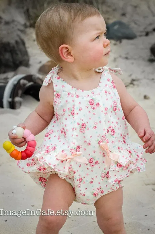 Ruffled baby romper sewing pattern ROSEBUD Romper baby sizes 3 months to 3 years.