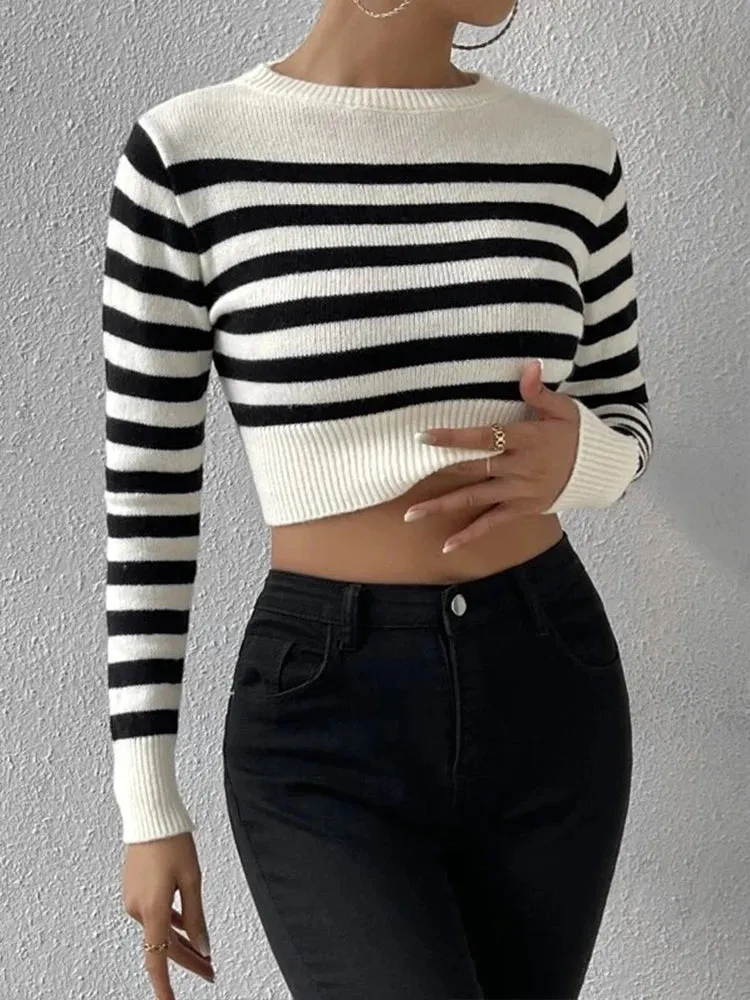 Sailor Striped Basic Crop Sweaters – Slim Fit