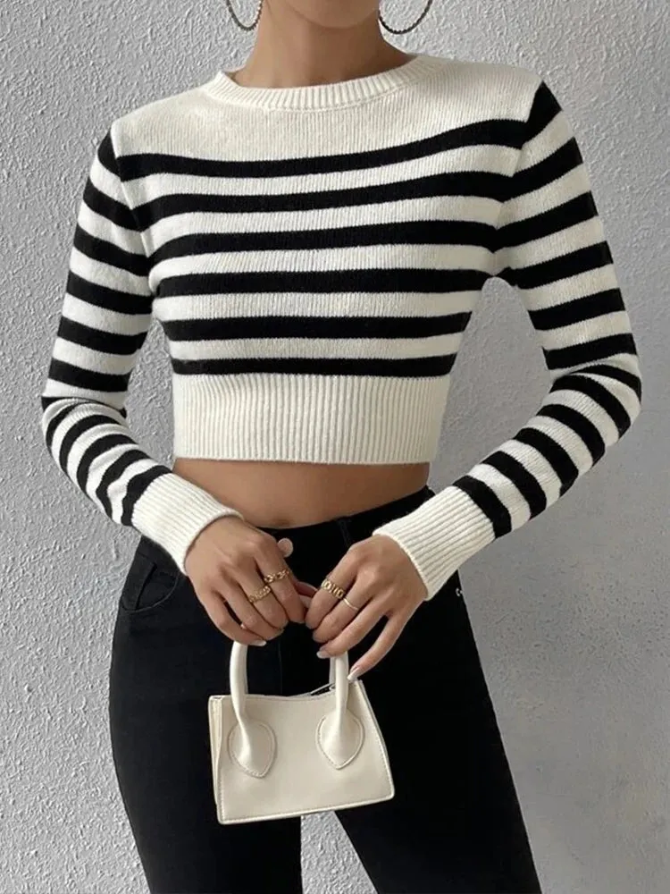 Sailor Striped Basic Crop Sweaters – Slim Fit