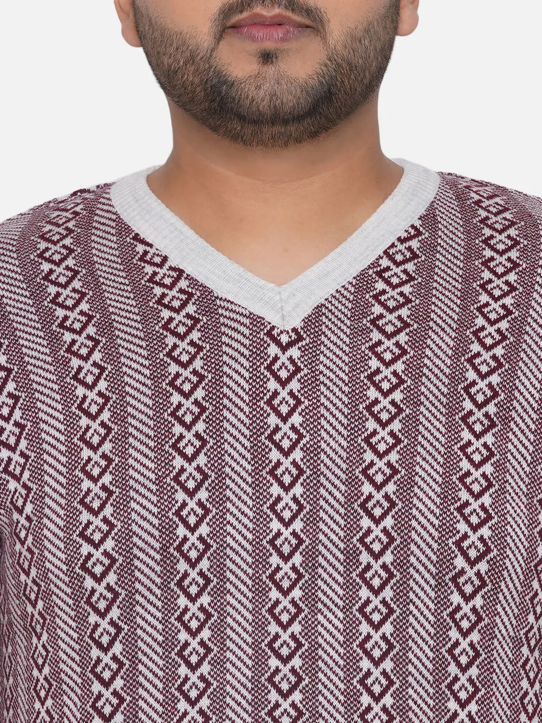 Santonio - Plus Size Men's Maroon Regular Fit Printed V-Neck Pullover