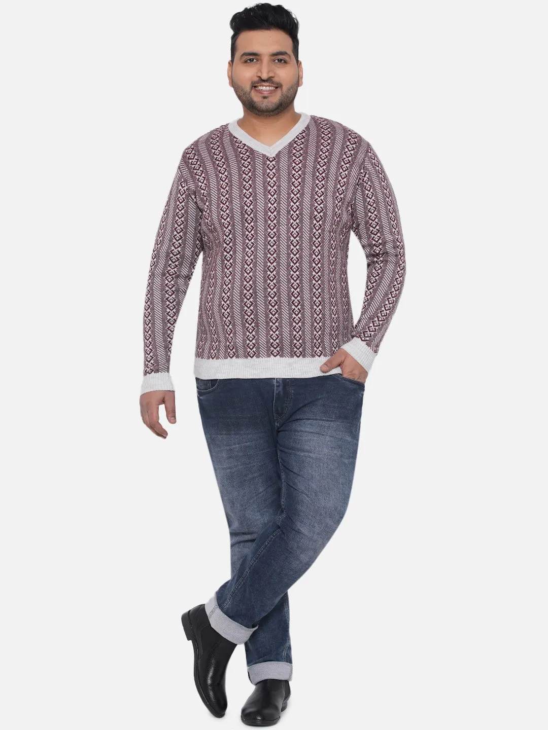 Santonio - Plus Size Men's Maroon Regular Fit Printed V-Neck Pullover