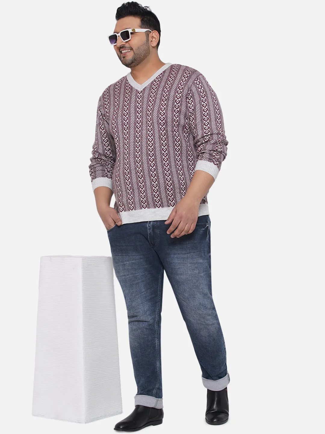 Santonio - Plus Size Men's Maroon Regular Fit Printed V-Neck Pullover