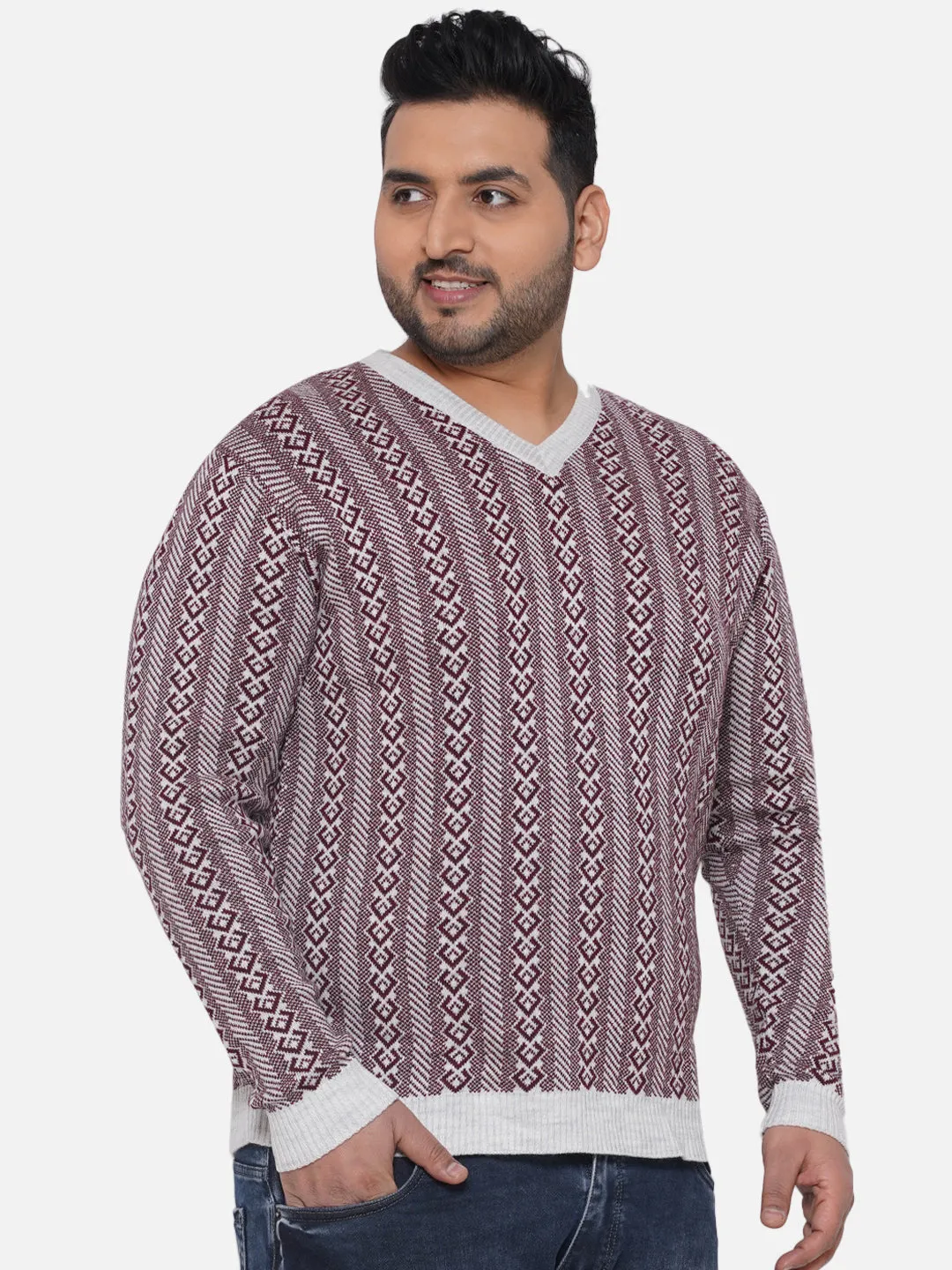 Santonio - Plus Size Men's Maroon Regular Fit Printed V-Neck Pullover