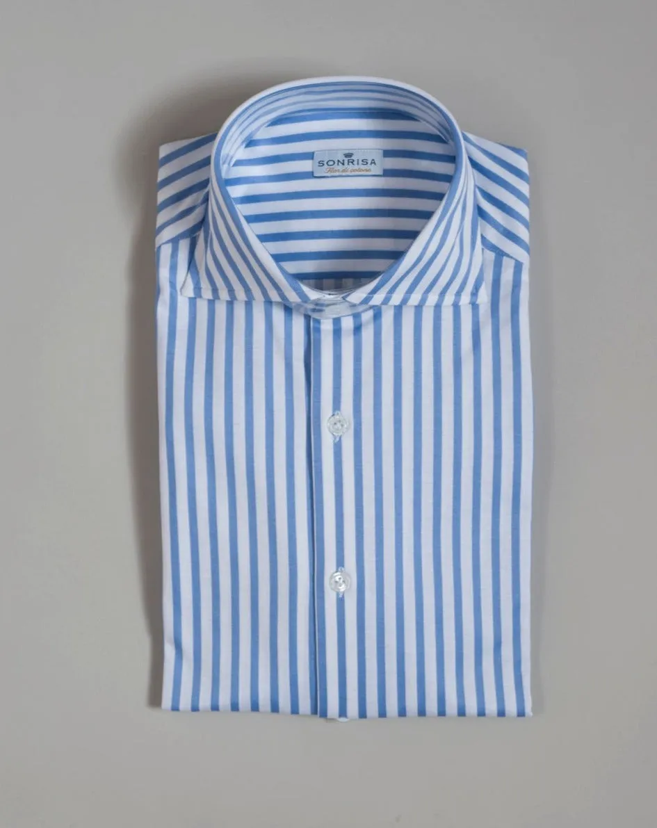 Sonrisa Striped Cotton Jersey Shirt / Light Blue & White