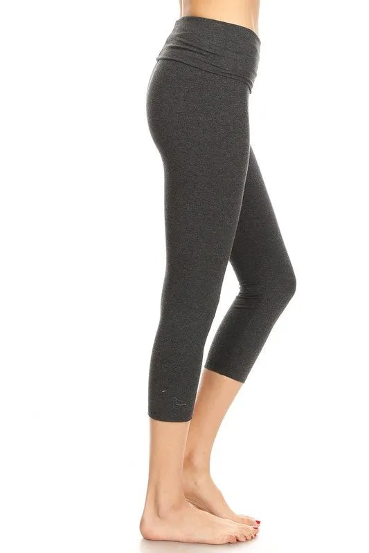 T-PARTY BASIC SOLID FOLDOVER CAPRI LEGGINGS - BLACK