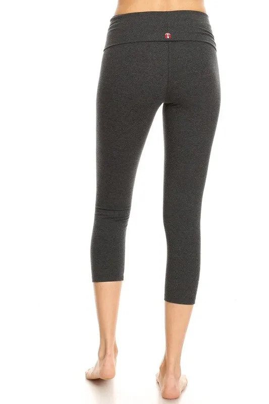 T-PARTY BASIC SOLID FOLDOVER CAPRI LEGGINGS - BLACK