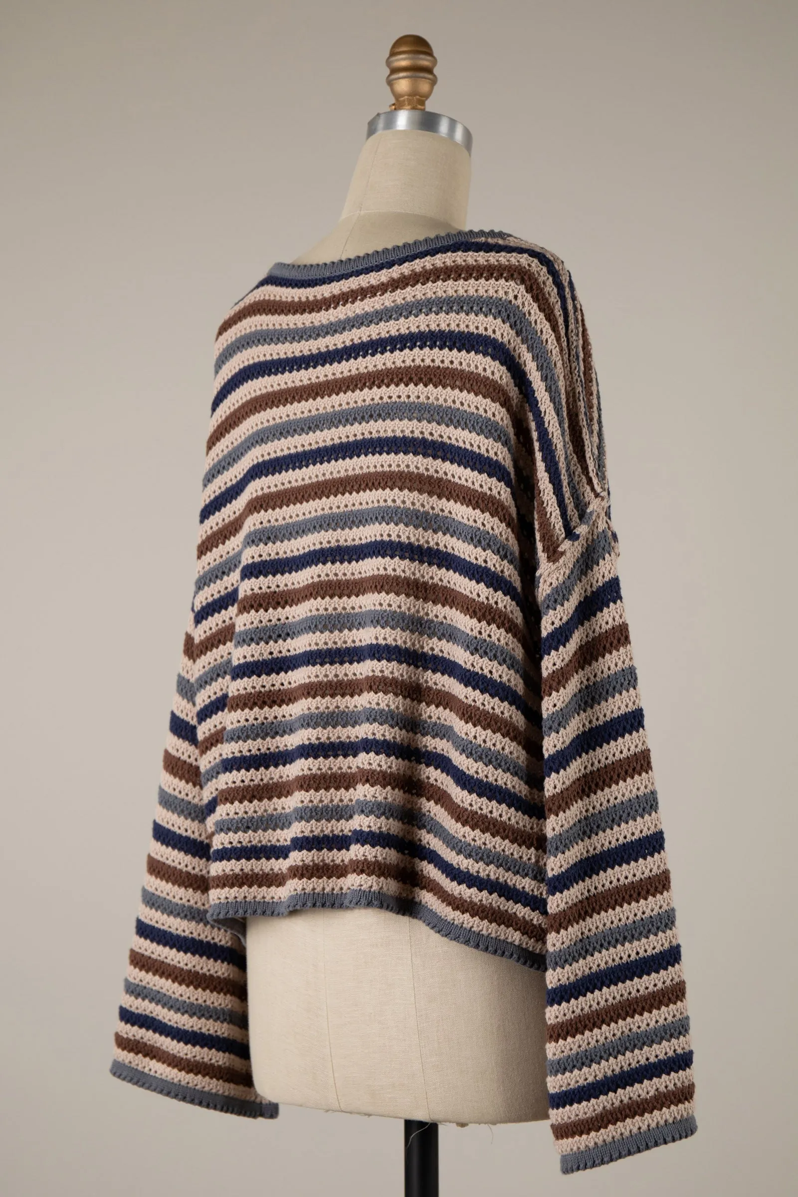 Taupe Crochet Lace Striped Crop Sweater Top