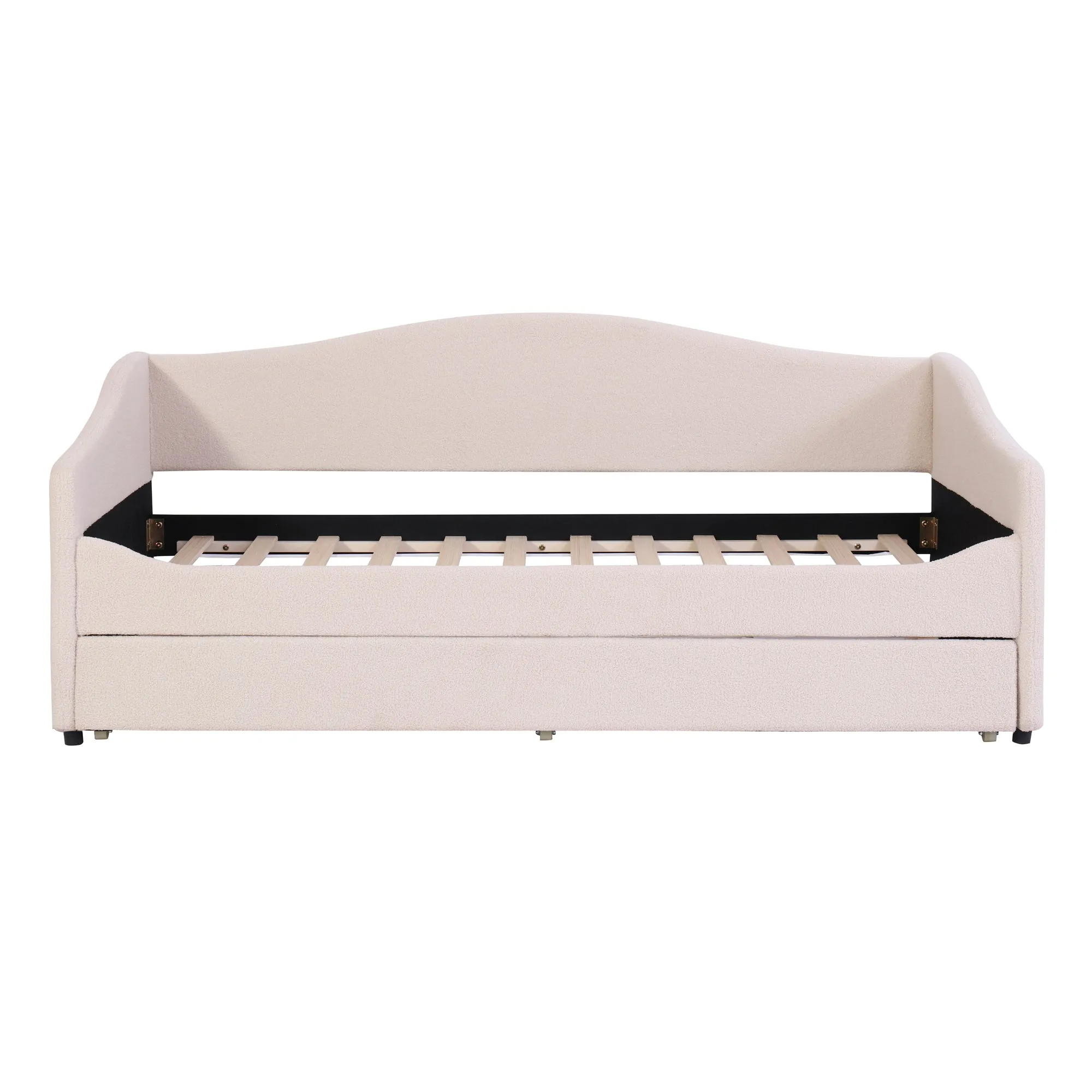 Teddy Fleece Twin Size Upholstered Daybed with Light and Trundle, Beige