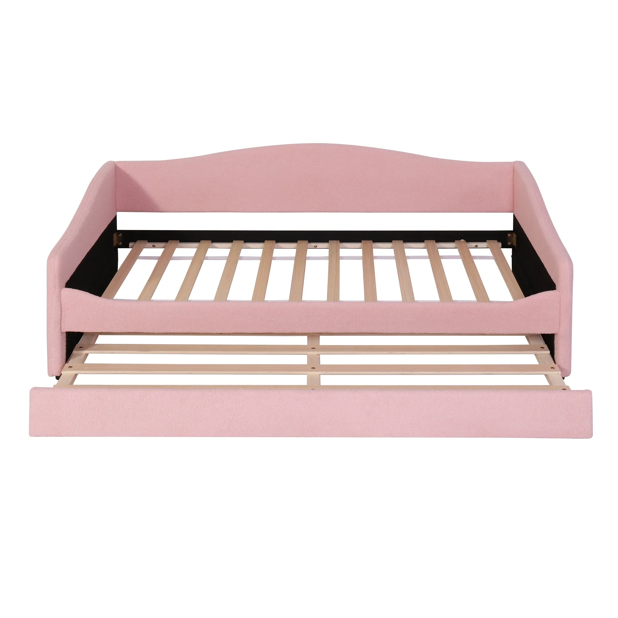 Teddy Fleece Twin Size Upholstered Daybed with Light and Trundle, Pink
