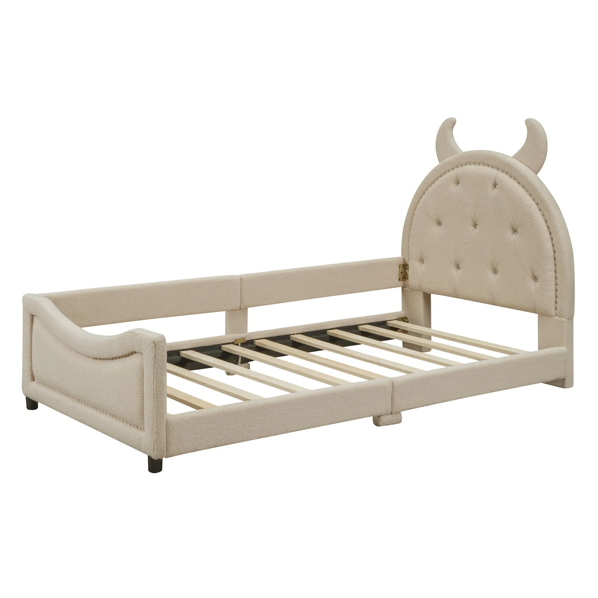 Teddy Fleece Twin Size Upholstered Daybed with OX Horn Shaped Headboard, Beige