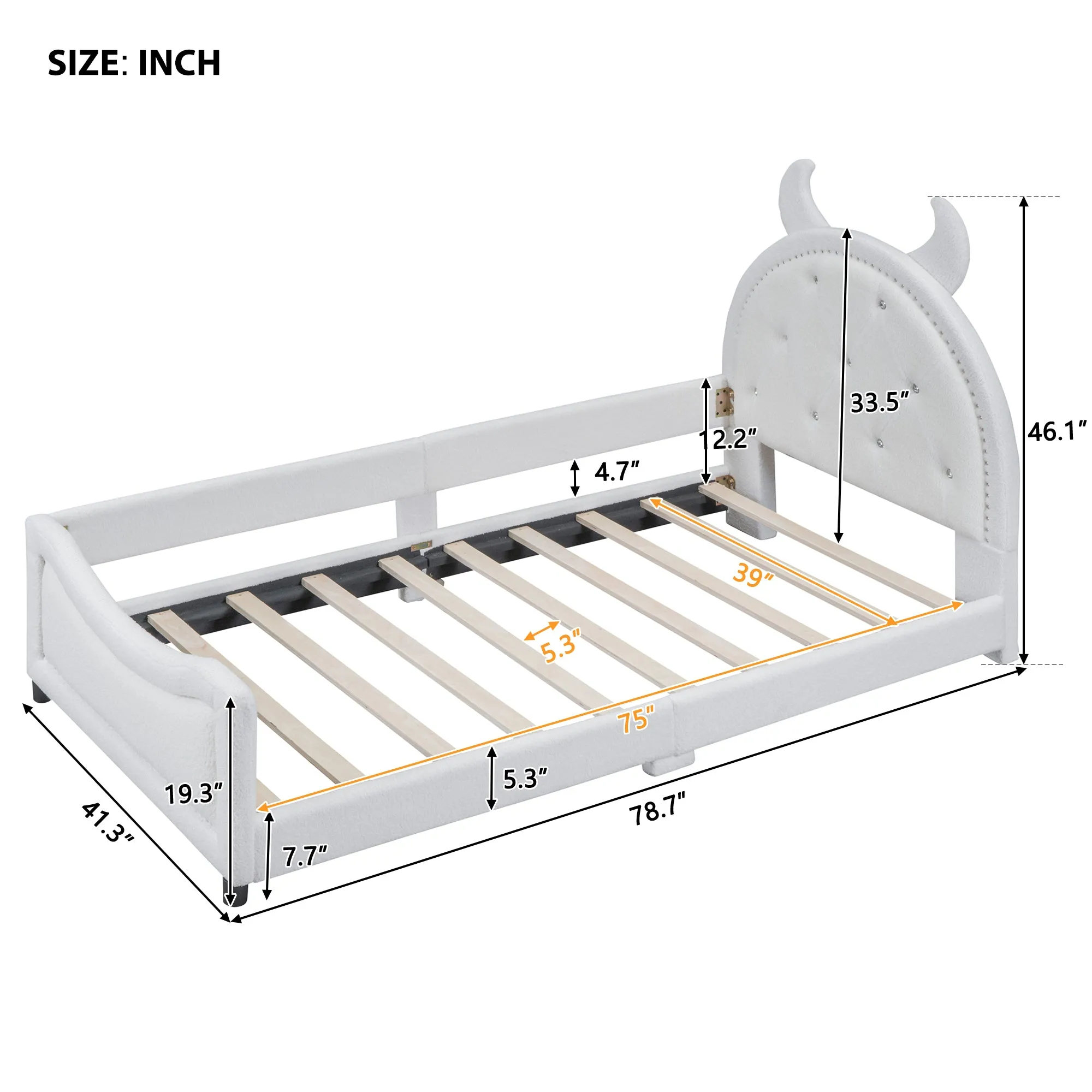 Teddy Fleece Twin Size Upholstered Daybed with OX Horn Shaped Headboard, White