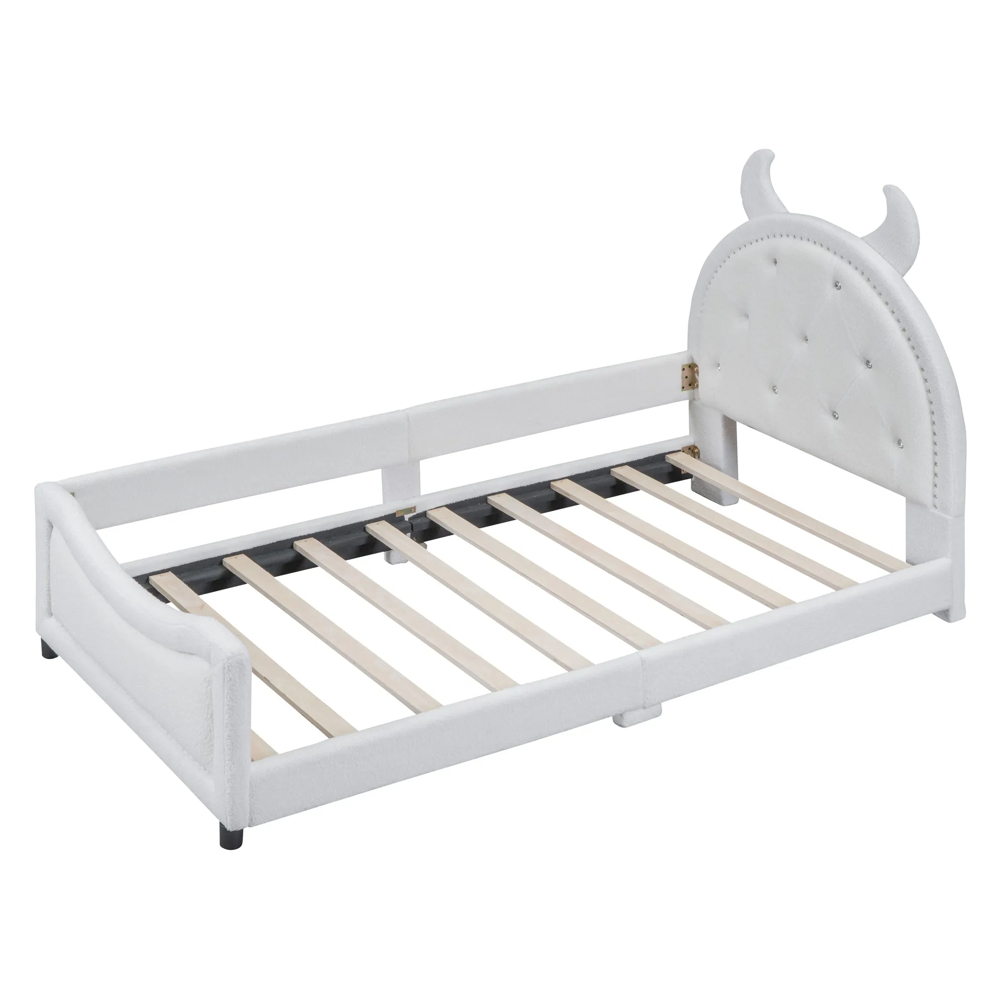 Teddy Fleece Twin Size Upholstered Daybed with OX Horn Shaped Headboard, White