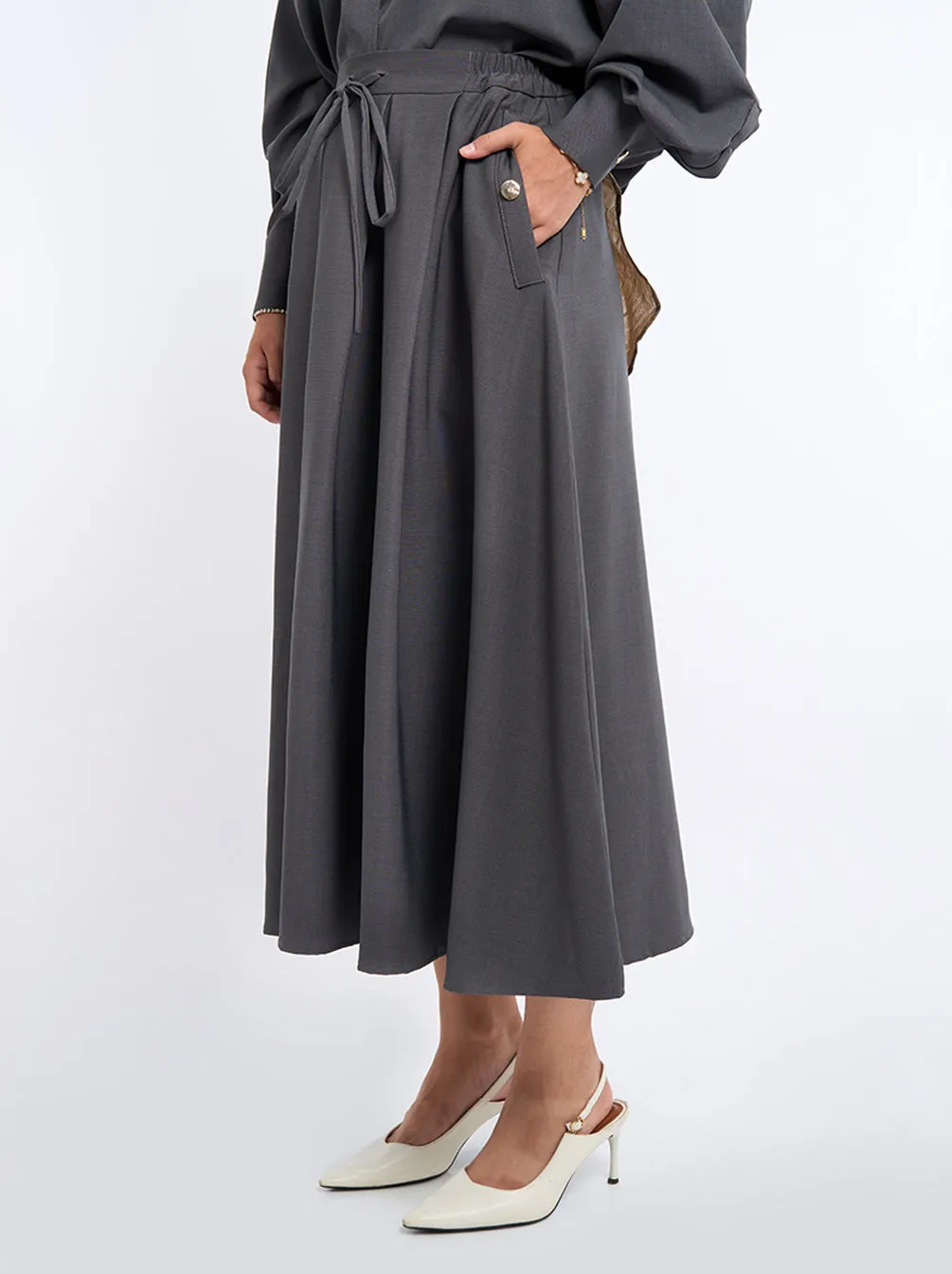 TERRY BOX PLEATED SKIRT DENIM
