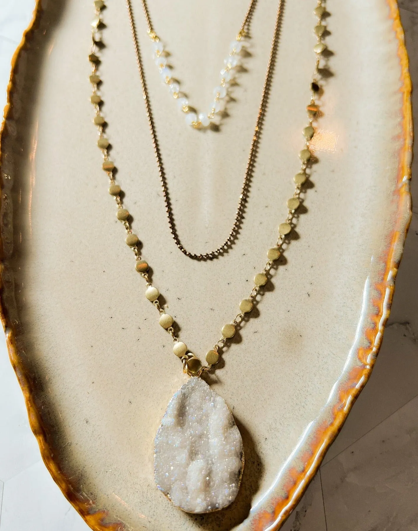 Trinity: Long Triple Strand Necklace – Druzy, Moonstone