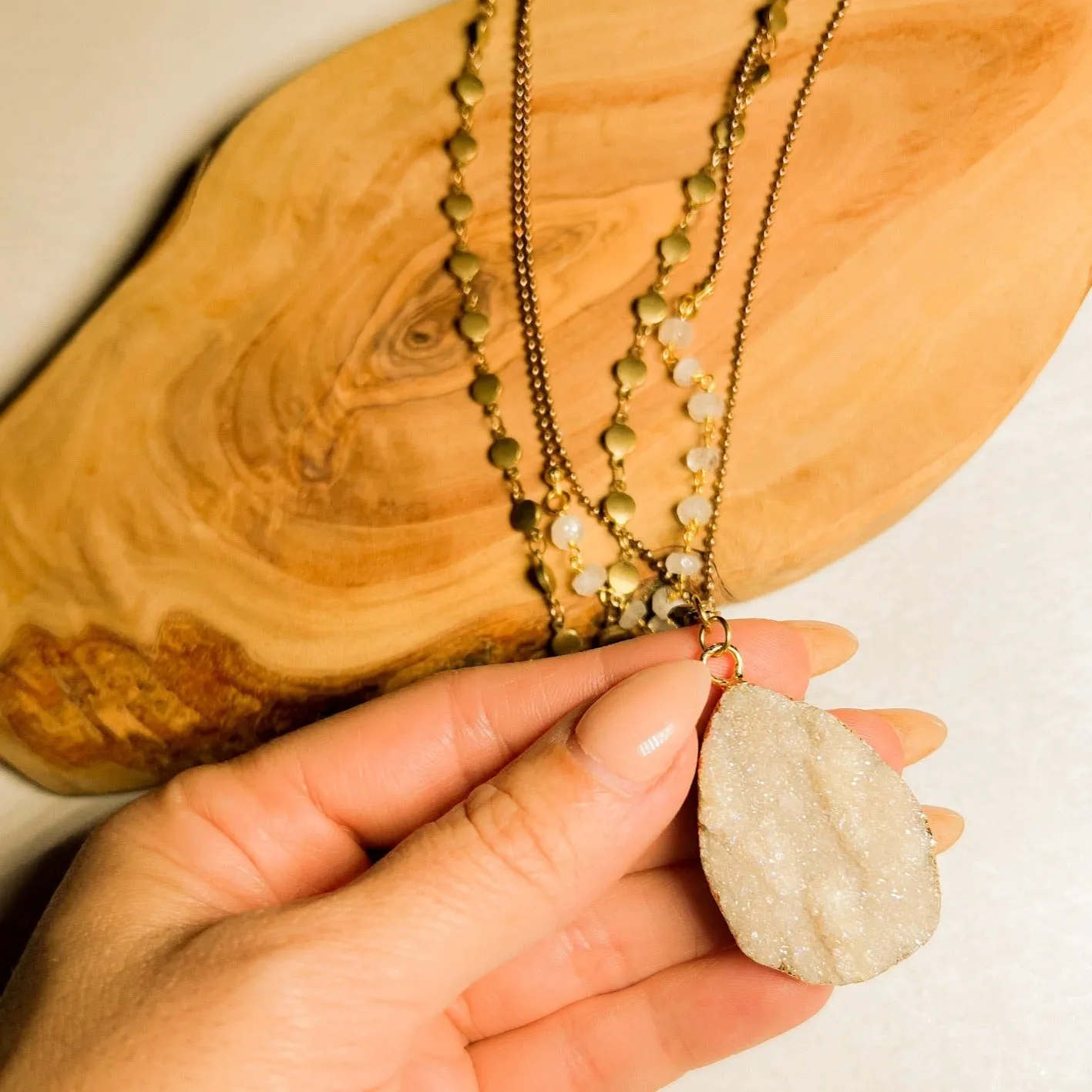 Trinity: Long Triple Strand Necklace – Druzy, Moonstone