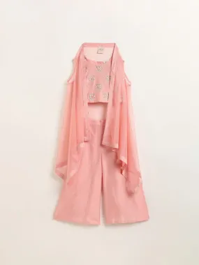 Utsa Kids Peach Floral Embroidered Blouse, Palazzos & Jacket Set (2 - 8yrs)