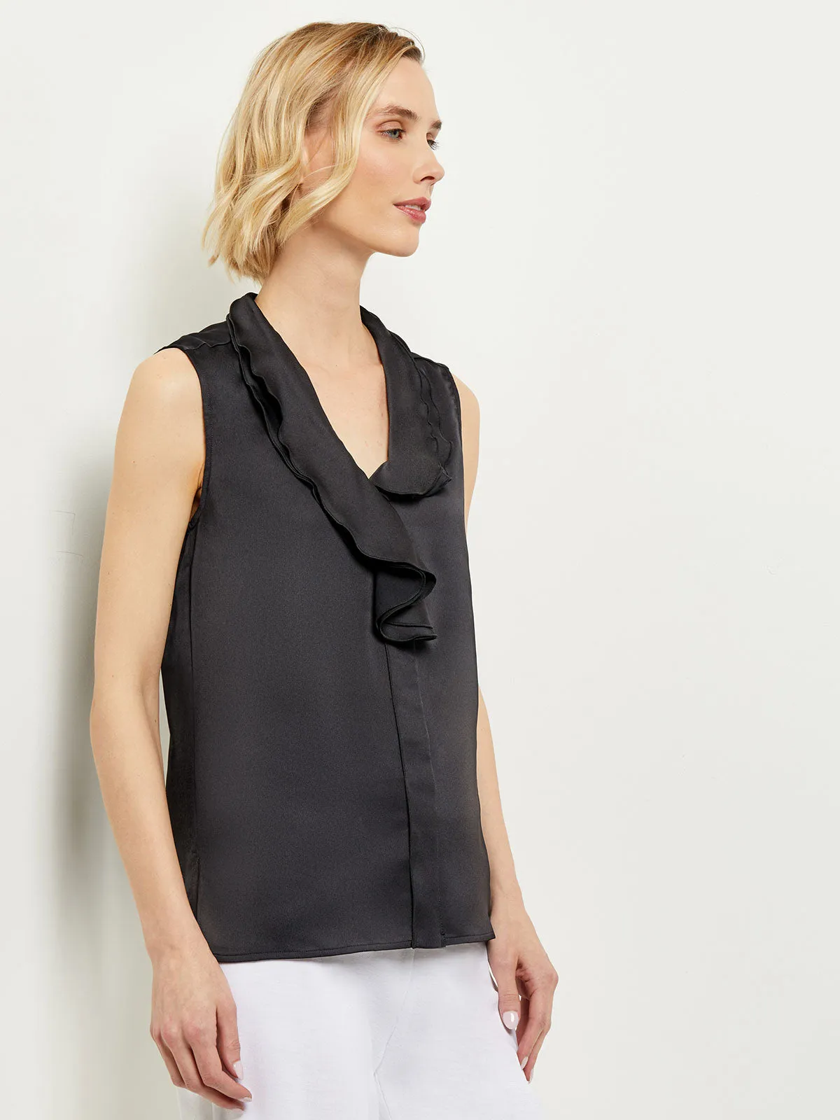 Waterfall Ruffle Crepe de Chine Blouse, Black