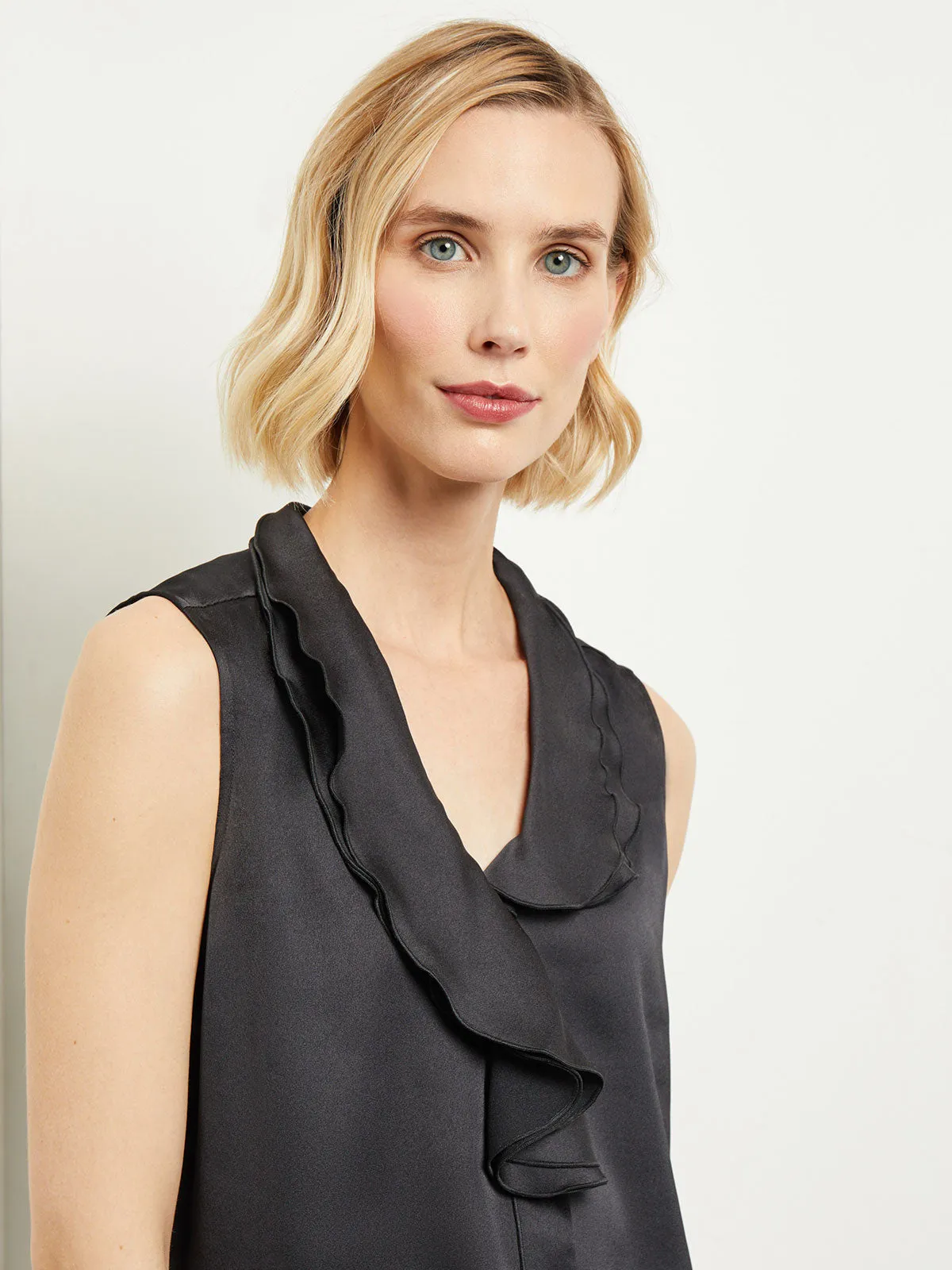 Waterfall Ruffle Crepe de Chine Blouse, Black