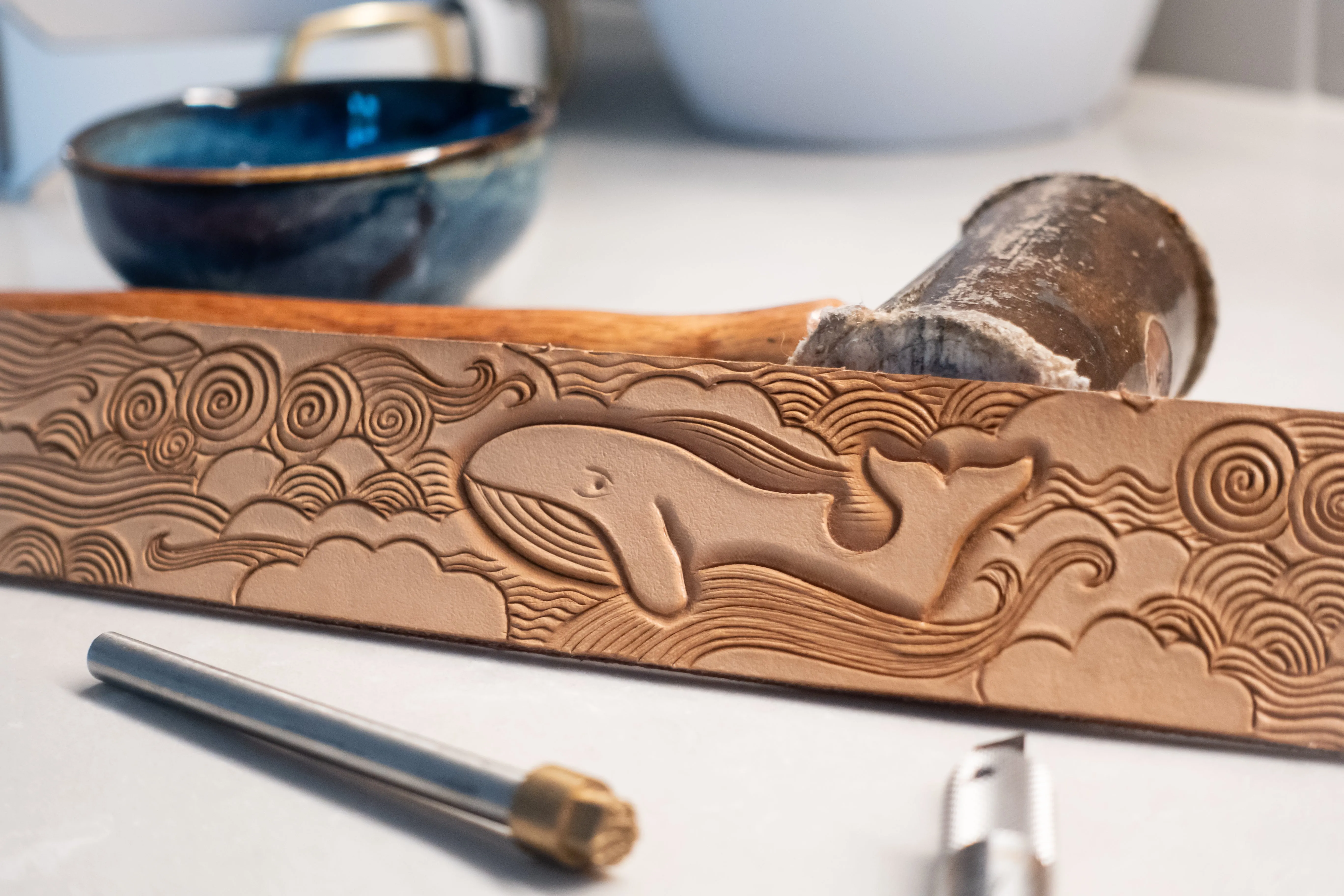 Whimsical Blue Whale with Gold Dot Border