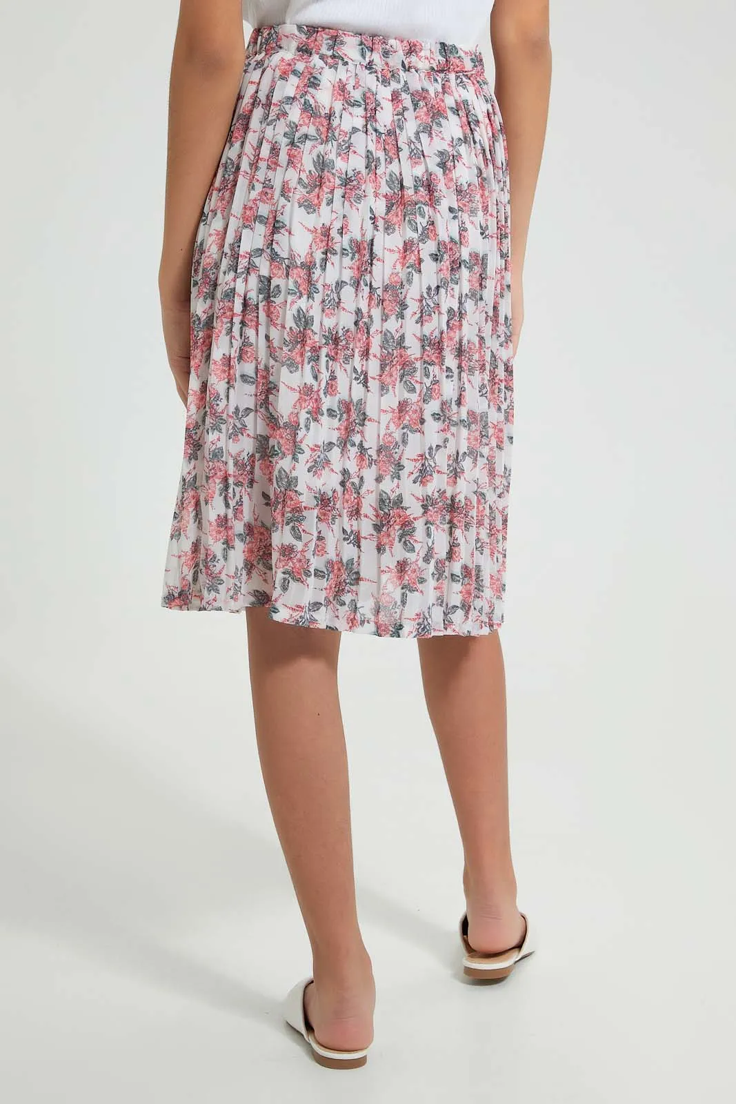 White Floral Print Pleated Skirt