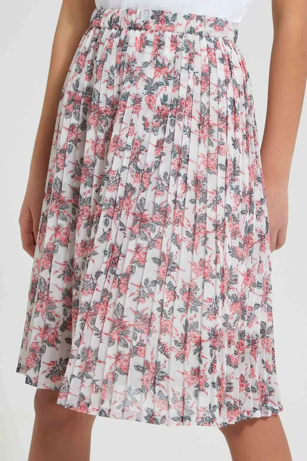 White Floral Print Pleated Skirt