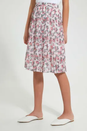 White Floral Print Pleated Skirt