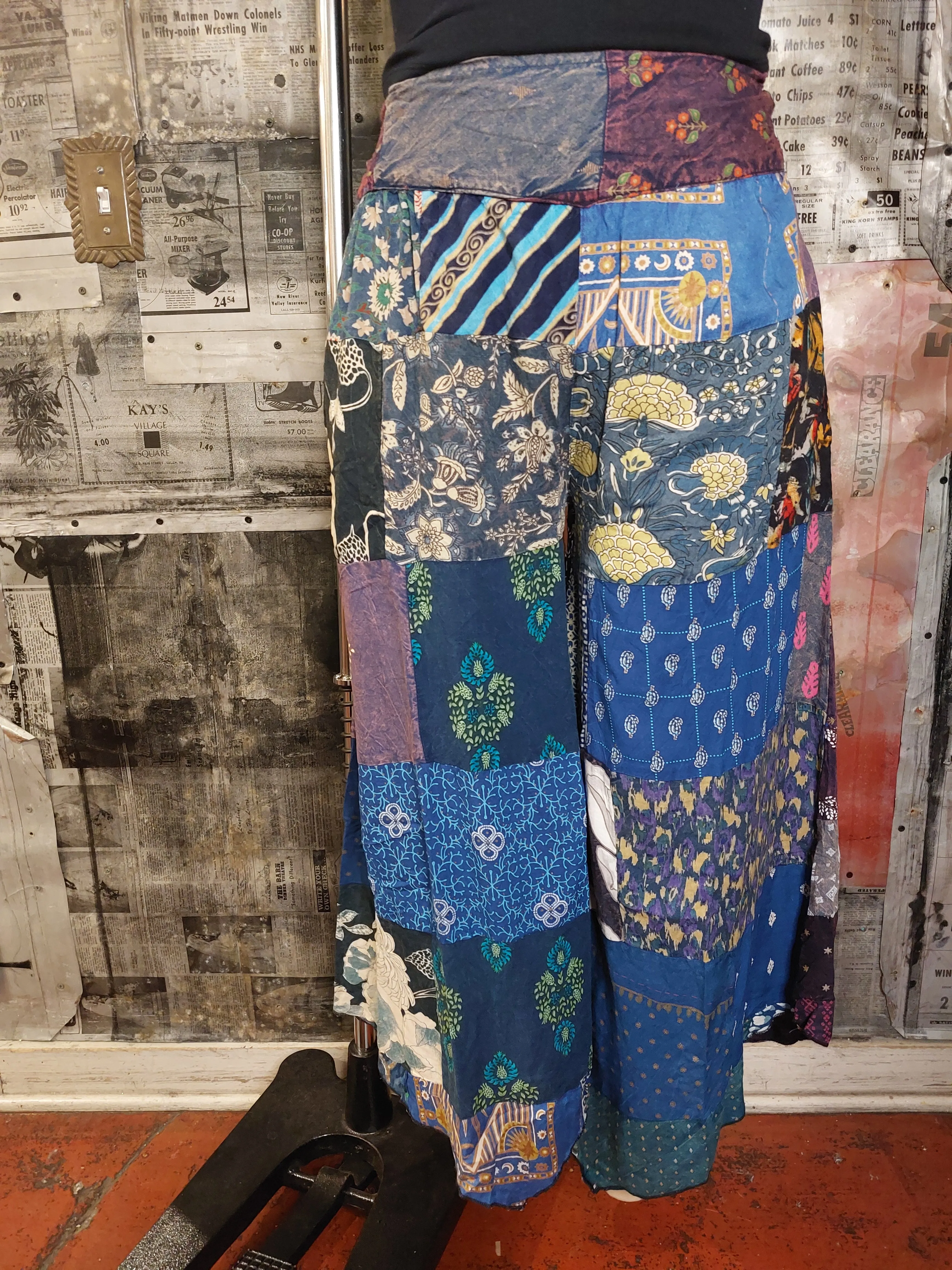 Wide Leg Patchwork Pant- Blue