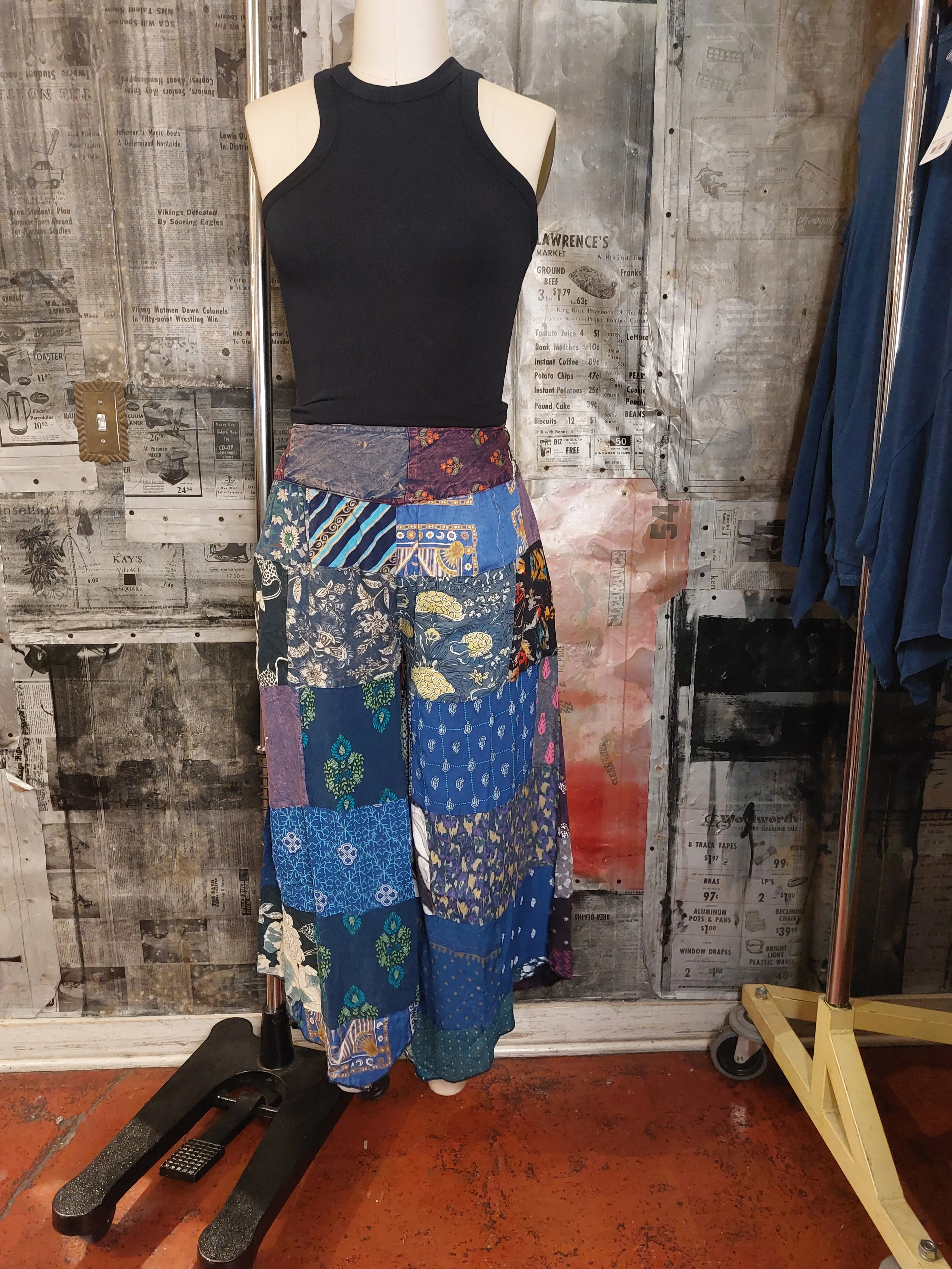 Wide Leg Patchwork Pant- Blue