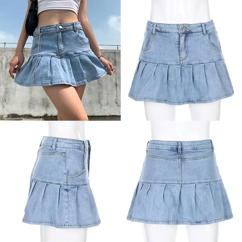 Woman Fashion Denim Pleated Skirts Mini Solid Casual Korean Style High Waist Skirt with Lined Hot Club Party Girls S4602826