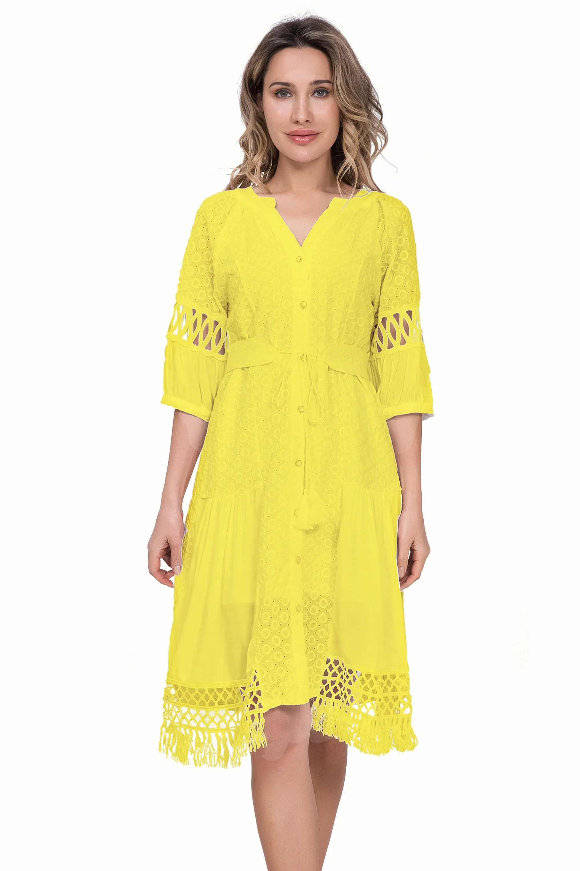 Women Cotton Lace up Hollow out Summer White A-line dress - WD8189