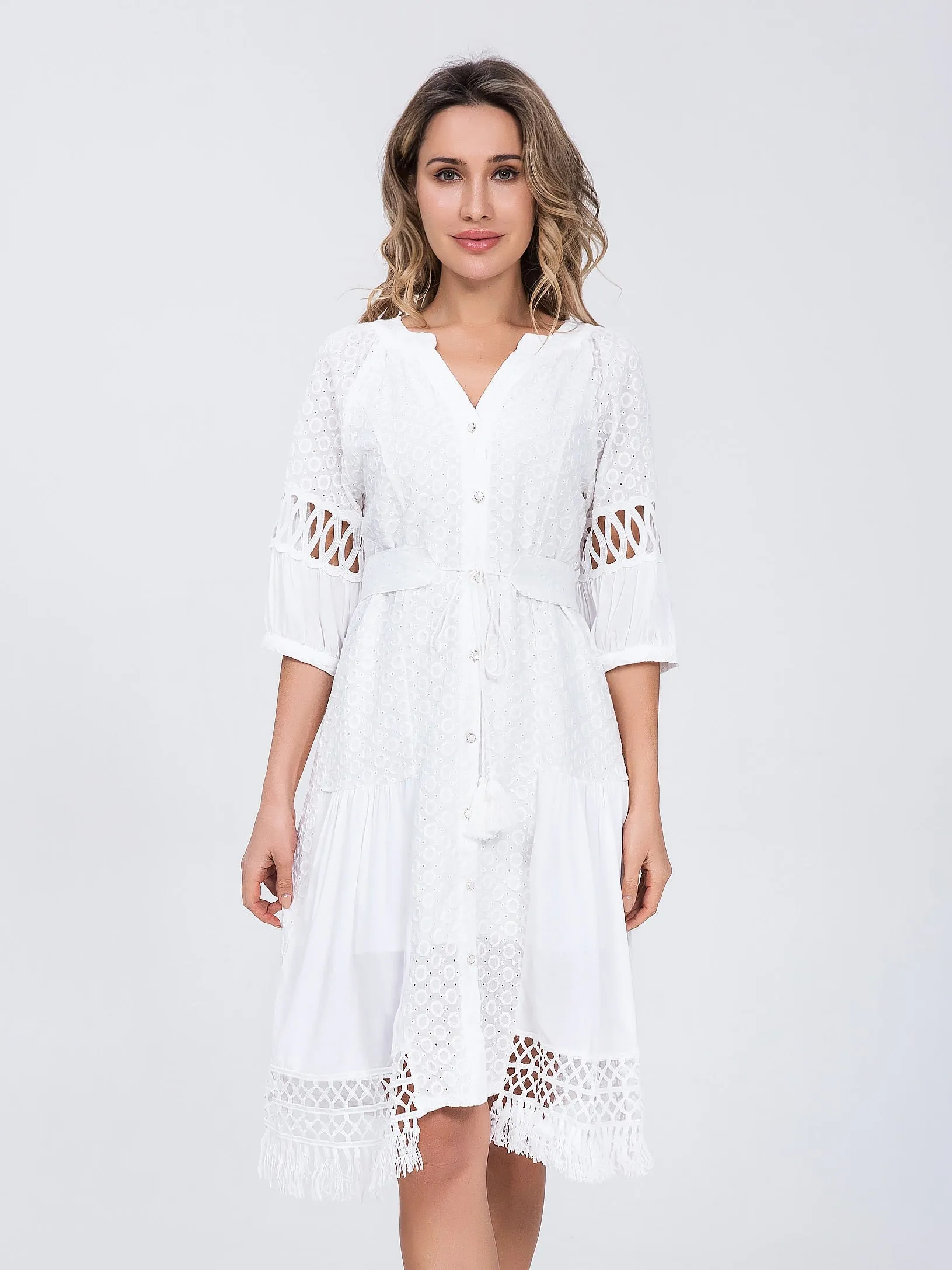 Women Cotton Lace up Hollow out Summer White A-line dress - WD8189