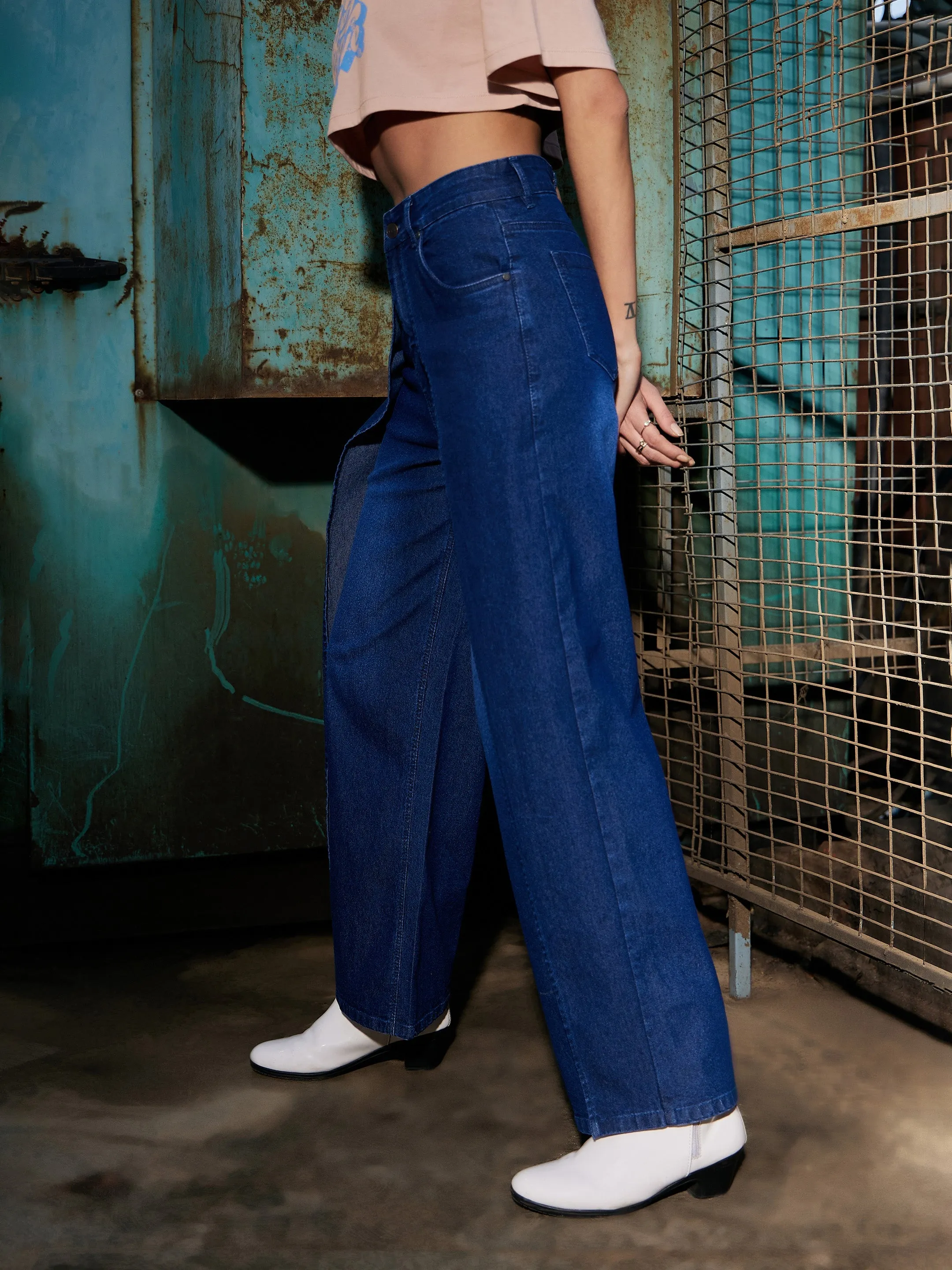 Women Navy Denim Washed Wrap Straight Jeans