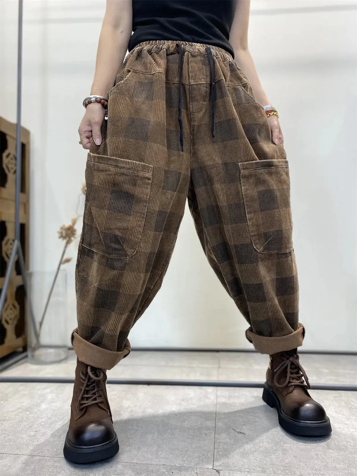 Women Plaid Corduroy Loose Harem Pants