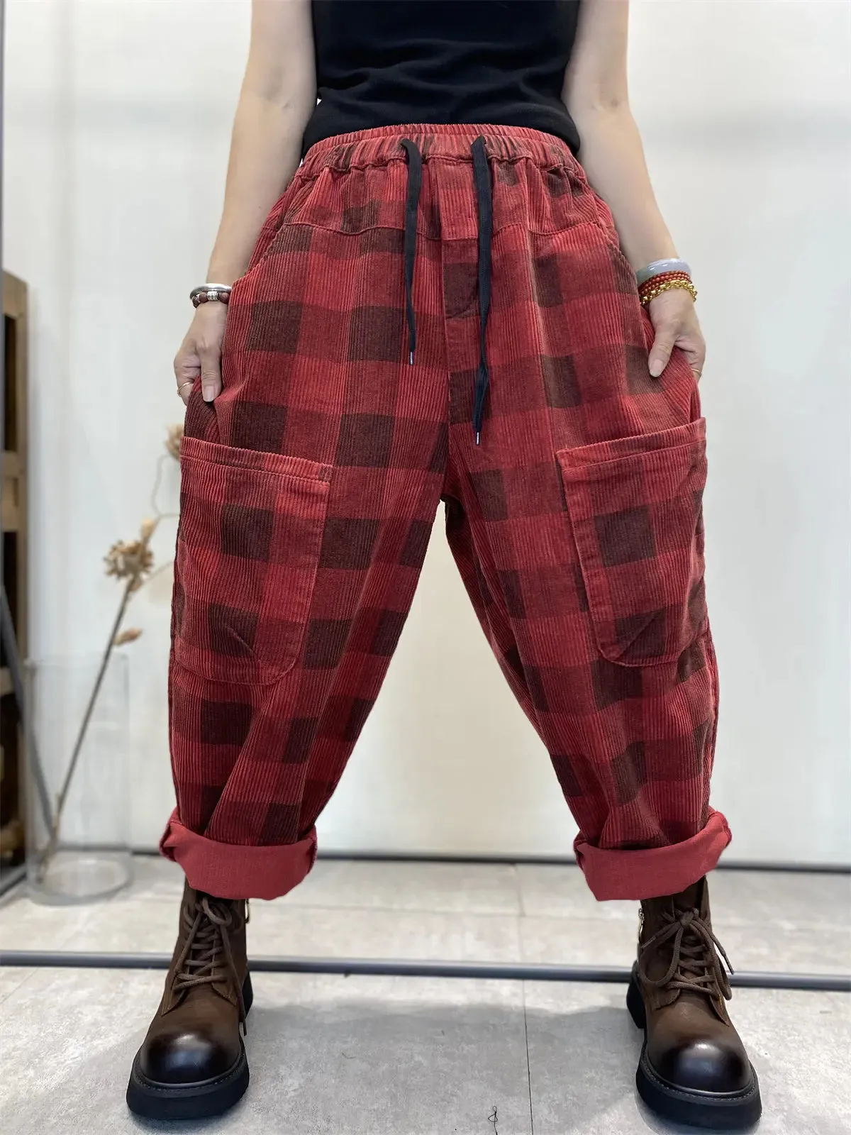Women Plaid Corduroy Loose Harem Pants