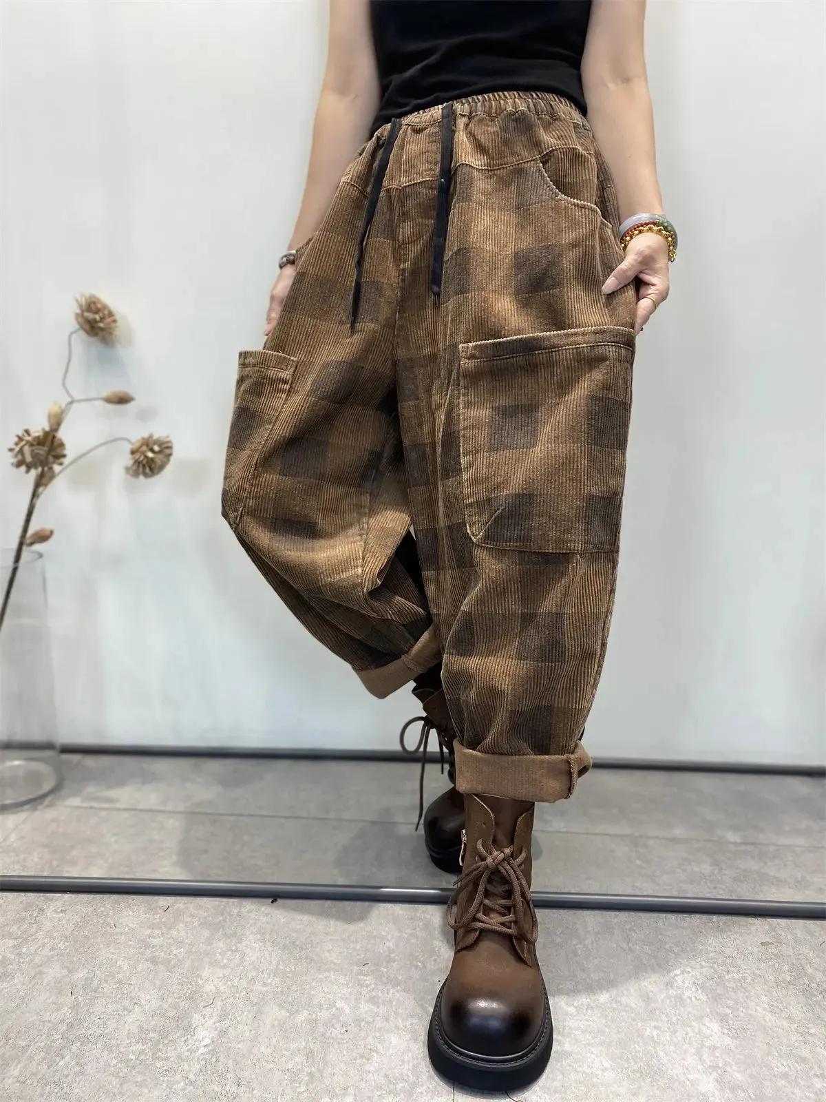 Women Plaid Corduroy Loose Harem Pants