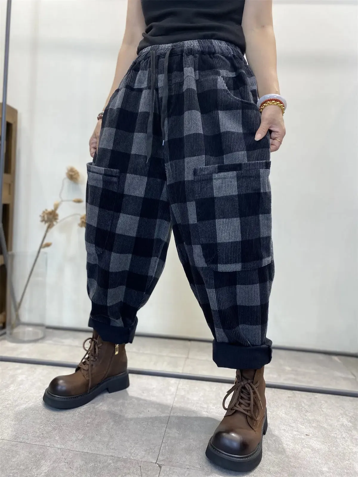 Women Plaid Corduroy Loose Harem Pants