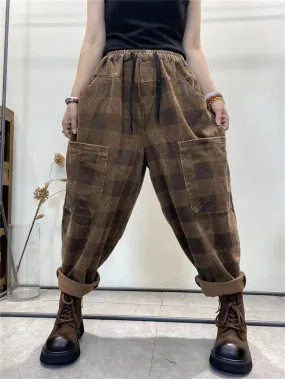Women Plaid Corduroy Loose Harem Pants
