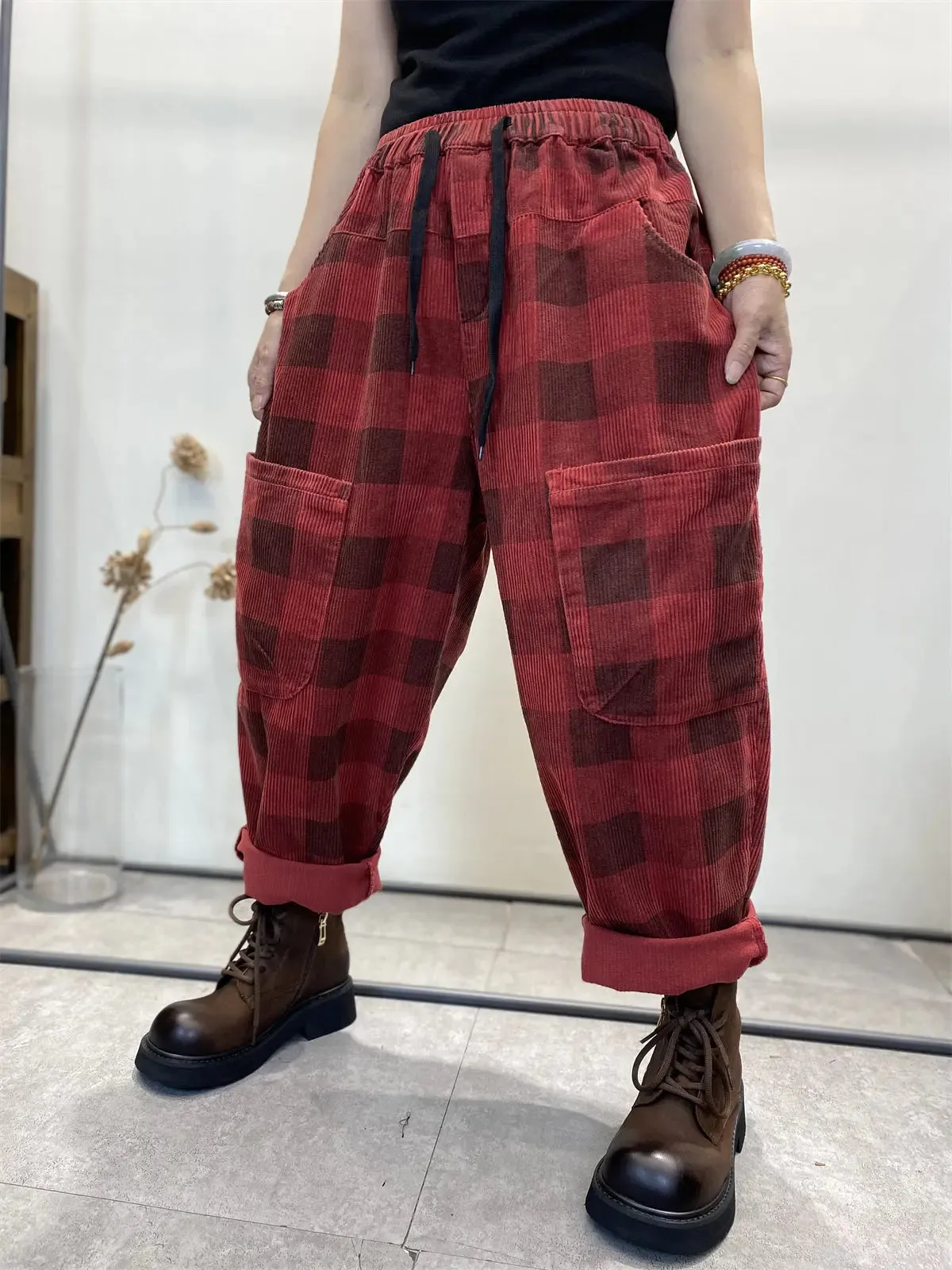 Women Plaid Corduroy Loose Harem Pants