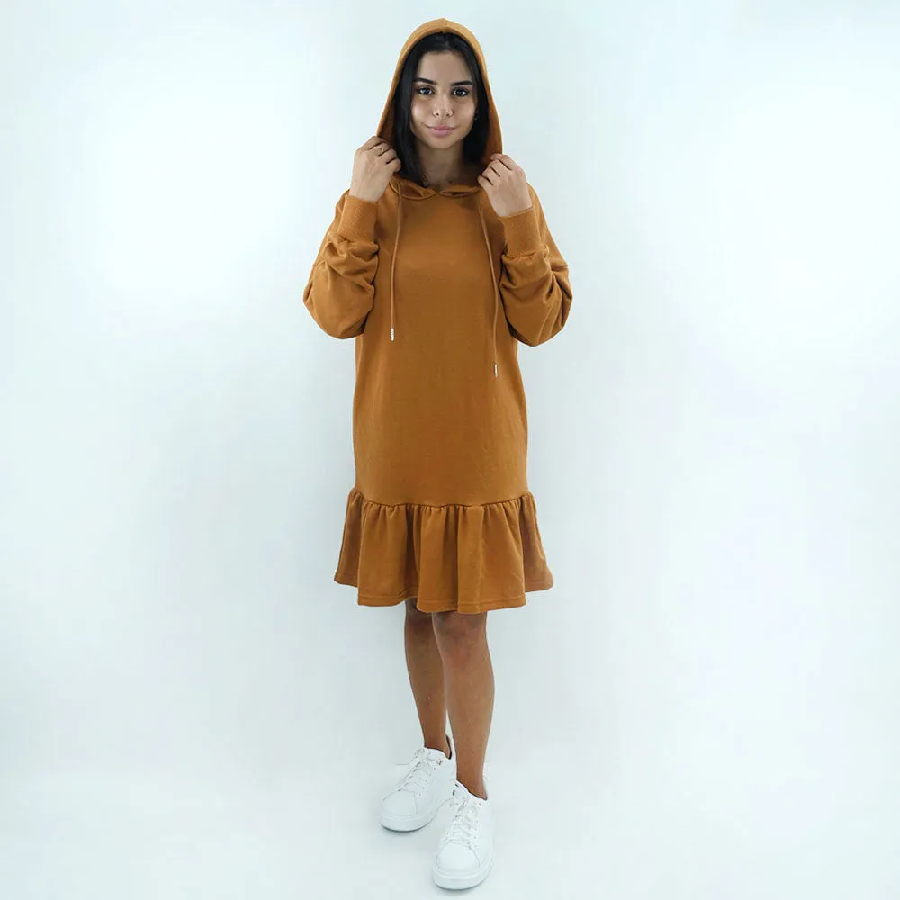 Women's Plain Hooded Ruffled Dress,Camel