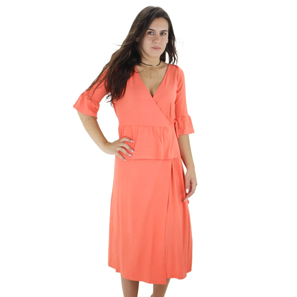 Women's V- Neck Tie Side Dress,Orange