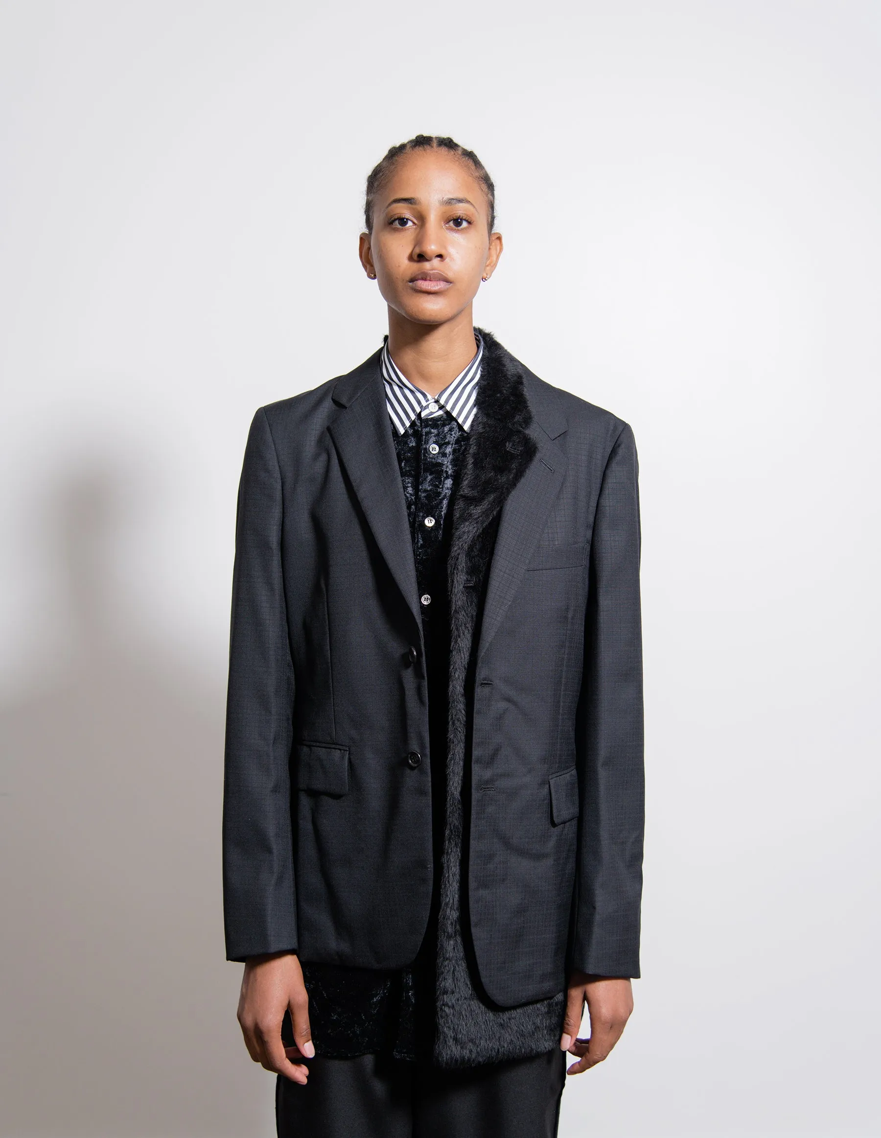 Wool Shadow Check Synthetic Fur Blazer Black