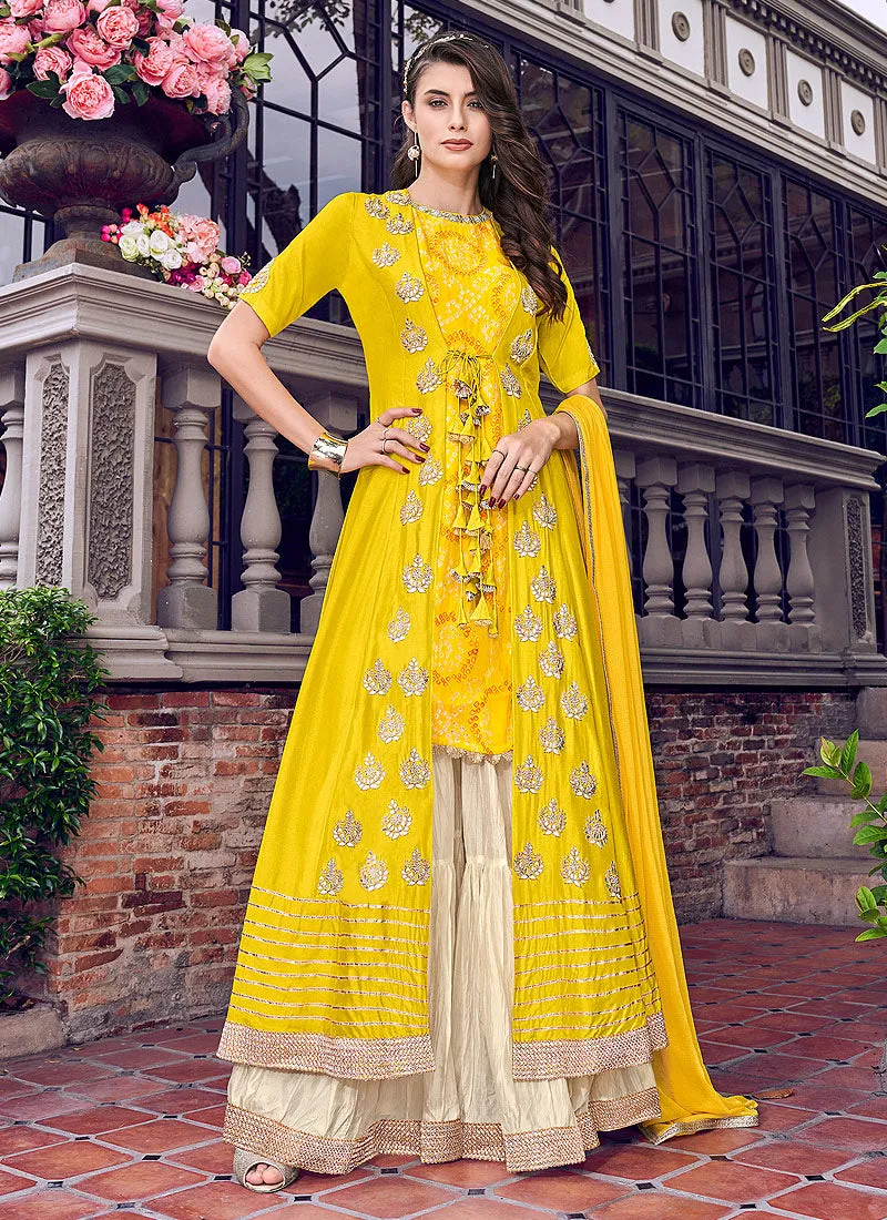 Yellow And Beige Jacket Style Embroidered Gharara Suit