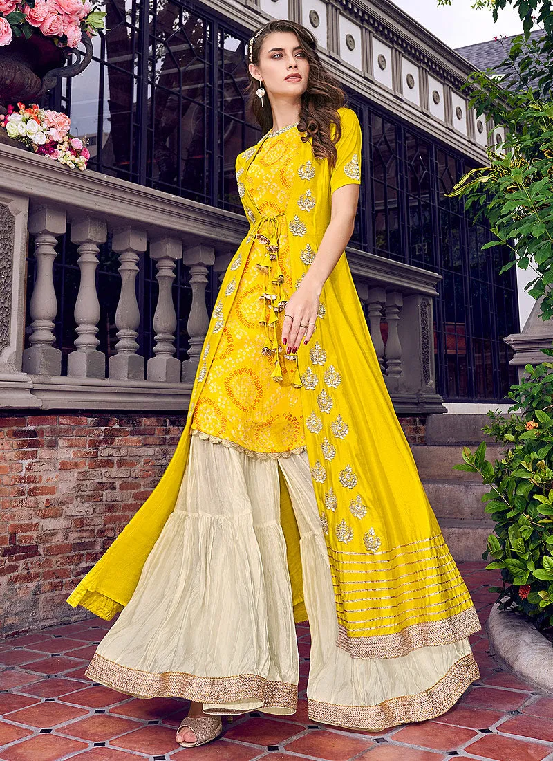 Yellow And Beige Jacket Style Embroidered Gharara Suit
