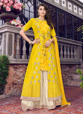 Yellow And Beige Jacket Style Embroidered Gharara Suit