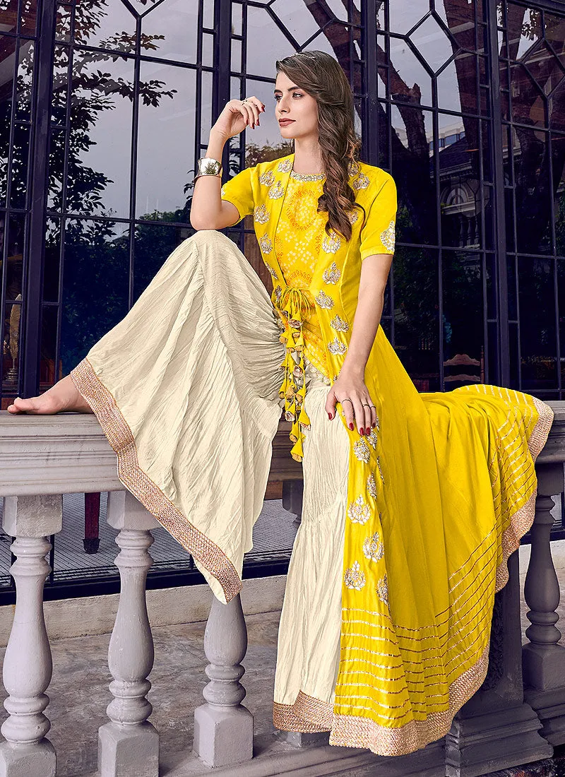 Yellow And Beige Jacket Style Embroidered Gharara Suit