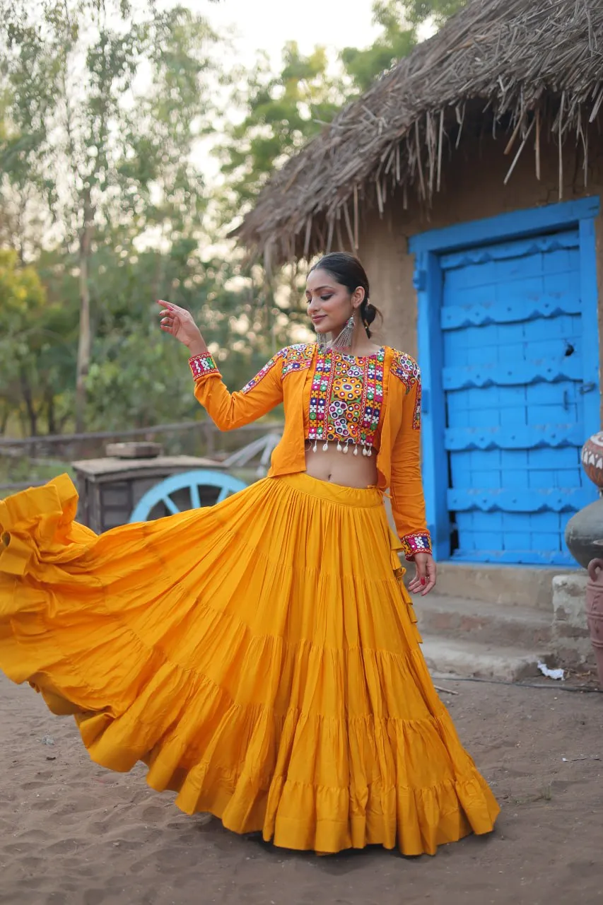 Yellow Rayon Lehenga Set with Embroidered Gamthi Work