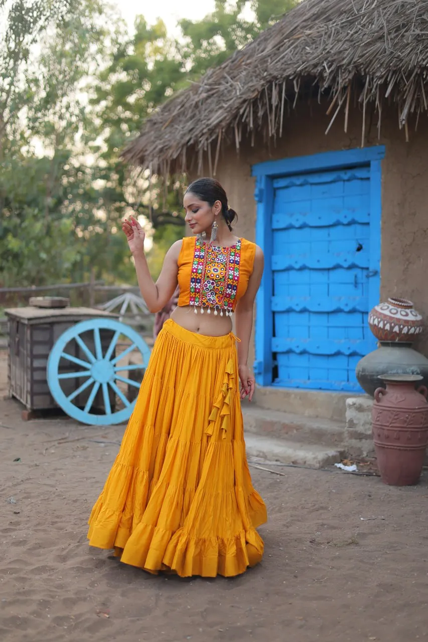 Yellow Rayon Lehenga Set with Embroidered Gamthi Work