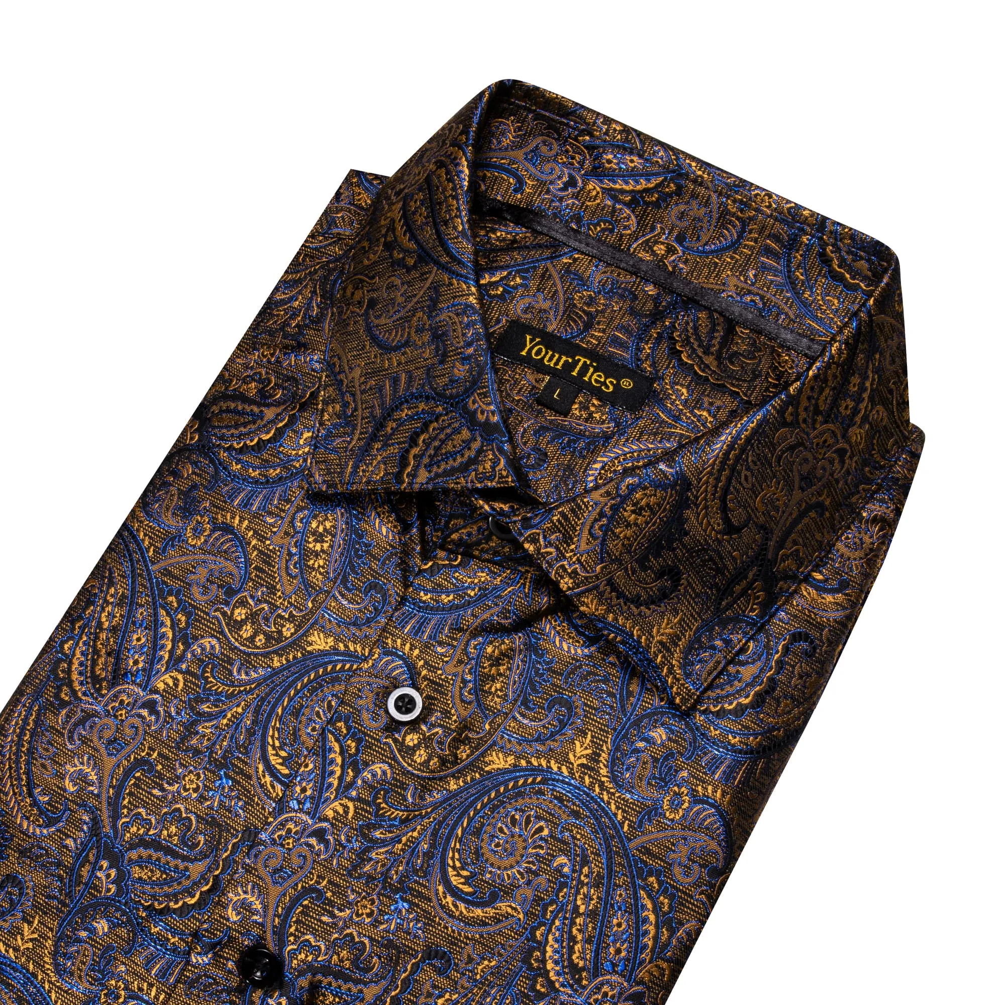 YourTies Long Shirt Brown Blue Yellow Jacquard Button Silk Dress Shirt