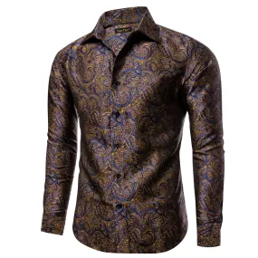 YourTies Long Shirt Brown Blue Yellow Jacquard Button Silk Dress Shirt