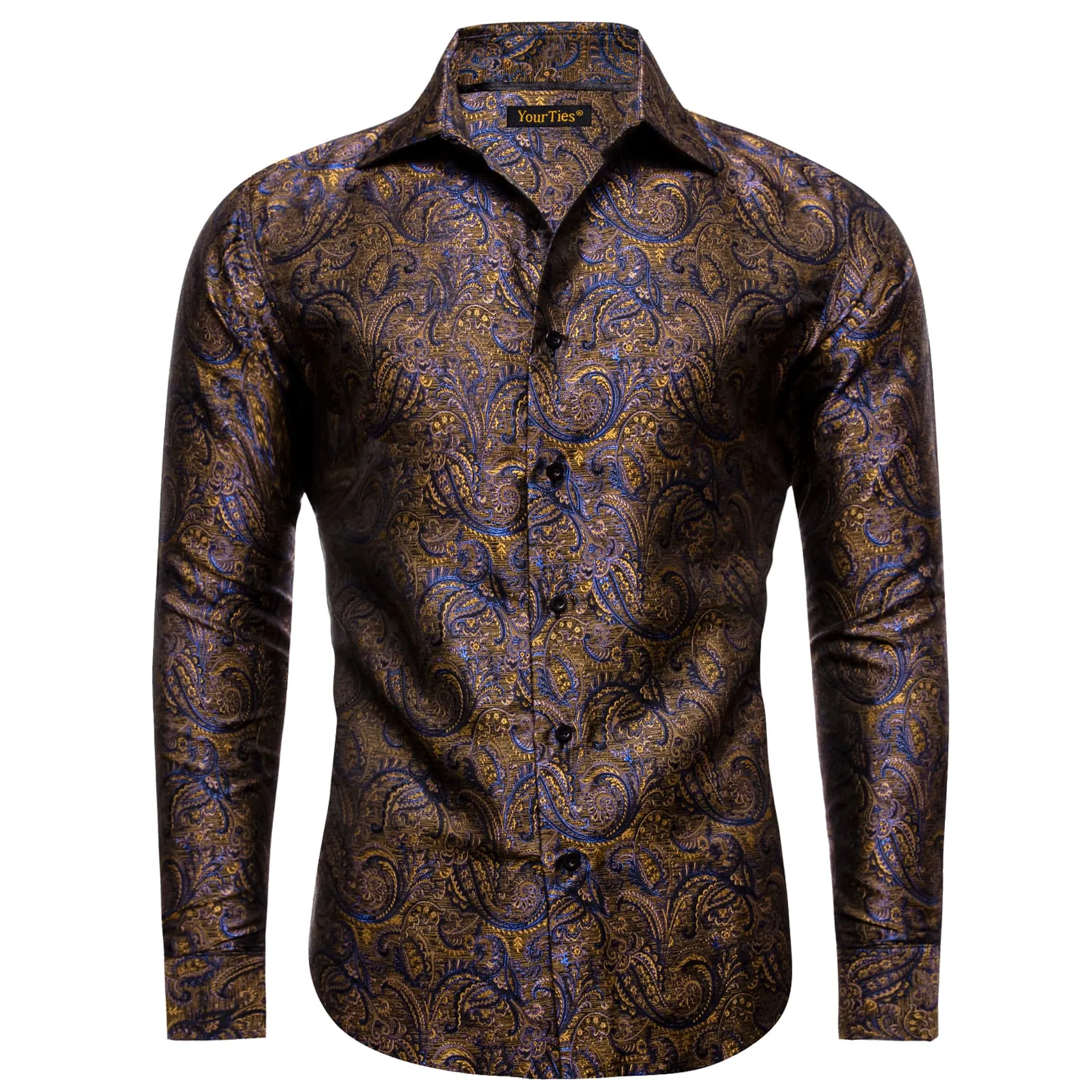 YourTies Long Shirt Brown Blue Yellow Jacquard Button Silk Dress Shirt